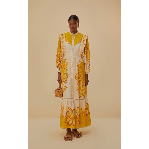 FARM Rio Dresses & Skirts - Farm Rio Aura Floral Maxi Dress Yellow Cream Ruffle Button Front Boho XL NEW